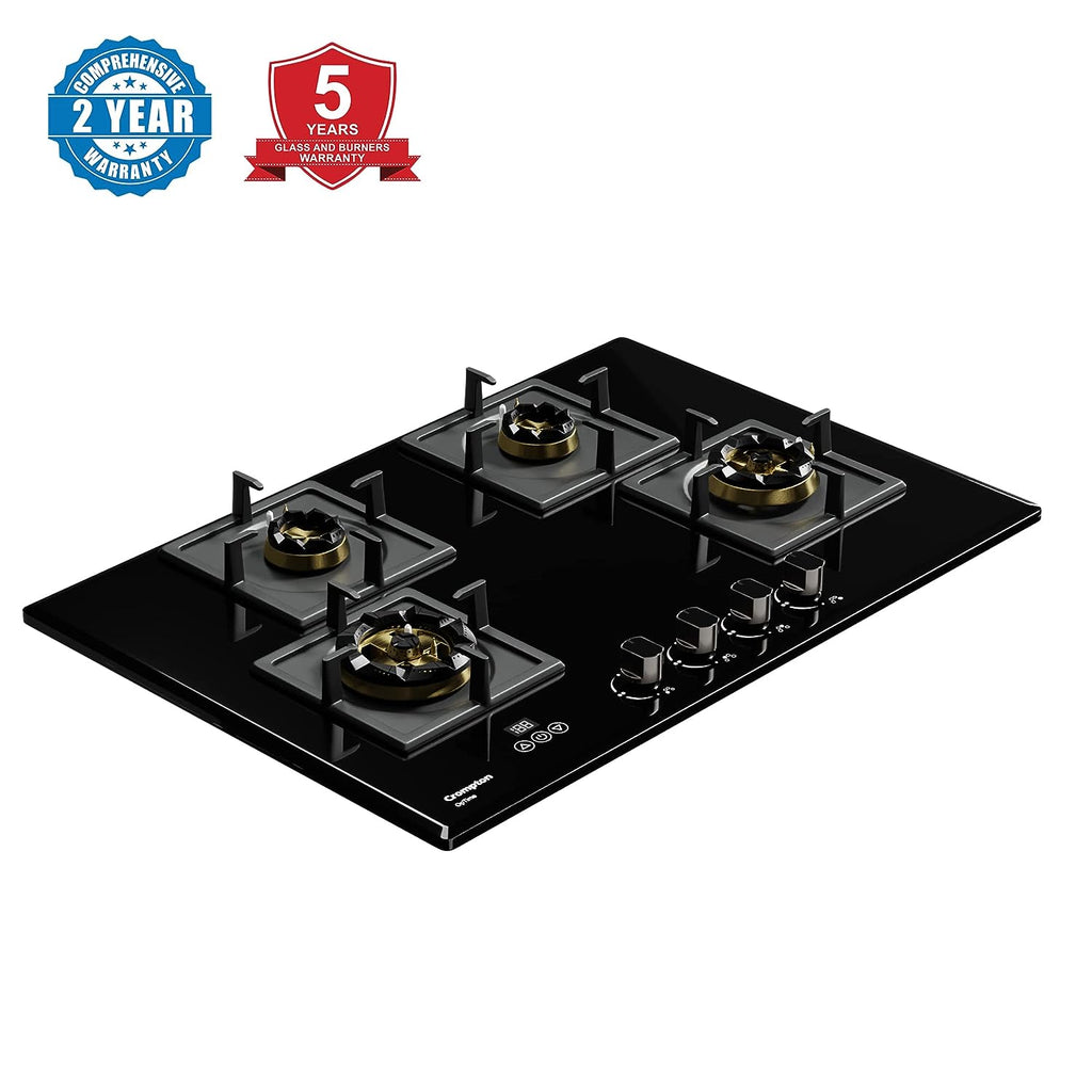 Crompton HOB-OPFB784TI-MBL 78cm 4 Burner Gas Hob – Optime Series with Digital Timer, 3D Flame, Brass Burners, Black