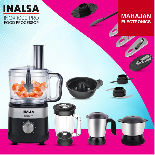 Inalsa Inox 1000 Pro Food Processor for Kitchen | 1000W Copper Motor | Mixer Grinder Juicer | 2.5L Processing Bowl | Chopping, Kneading, Slicing, Whisking, French Fries Cutter, Citrus Juicer
