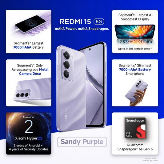 Redmi 15 5G 256 GB, 8 GB RAM, Sandy Purple, Mobile Phone