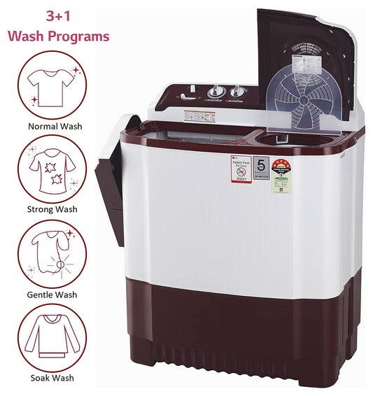 LG P8035SRAZA 8 Kg 5 Star Semi-Automatic Top Load Washing Machine with Roller Jet Pulsator, Wind Jet Dry & Collar Scrubber – White (2025 Model)