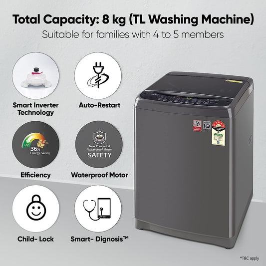 LG T80AJMB1Z 8 Kg 5 Star Inverter Fully Automatic Top Load Washing Machine with TurboDrum, Jet Spray+, Smart Closing Door – Middle Black