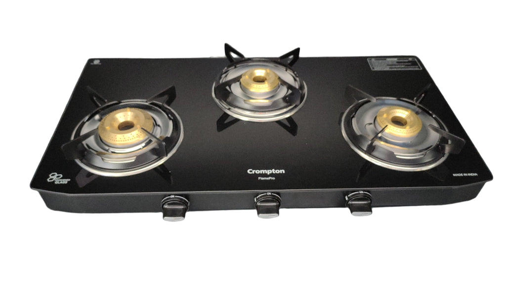 Crompton CKT-FPR753-MSB 3 Burner Auto Ignition Glass Top Gas Stove with Jumbo Brass Burner, Dual Drip Trays & Wide Body Design – Black