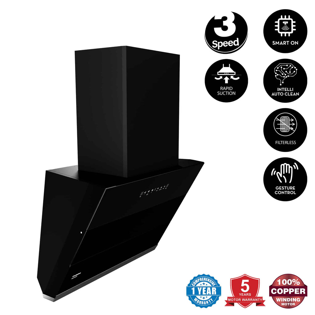 Crompton CHD-SSI60FLX-MBL SensoSmart 60cm Filterless Auto-Clean Chimney | 1352 m³/hr Suction | Gesture & Touch Control | Wall Mount | Black | Made in India