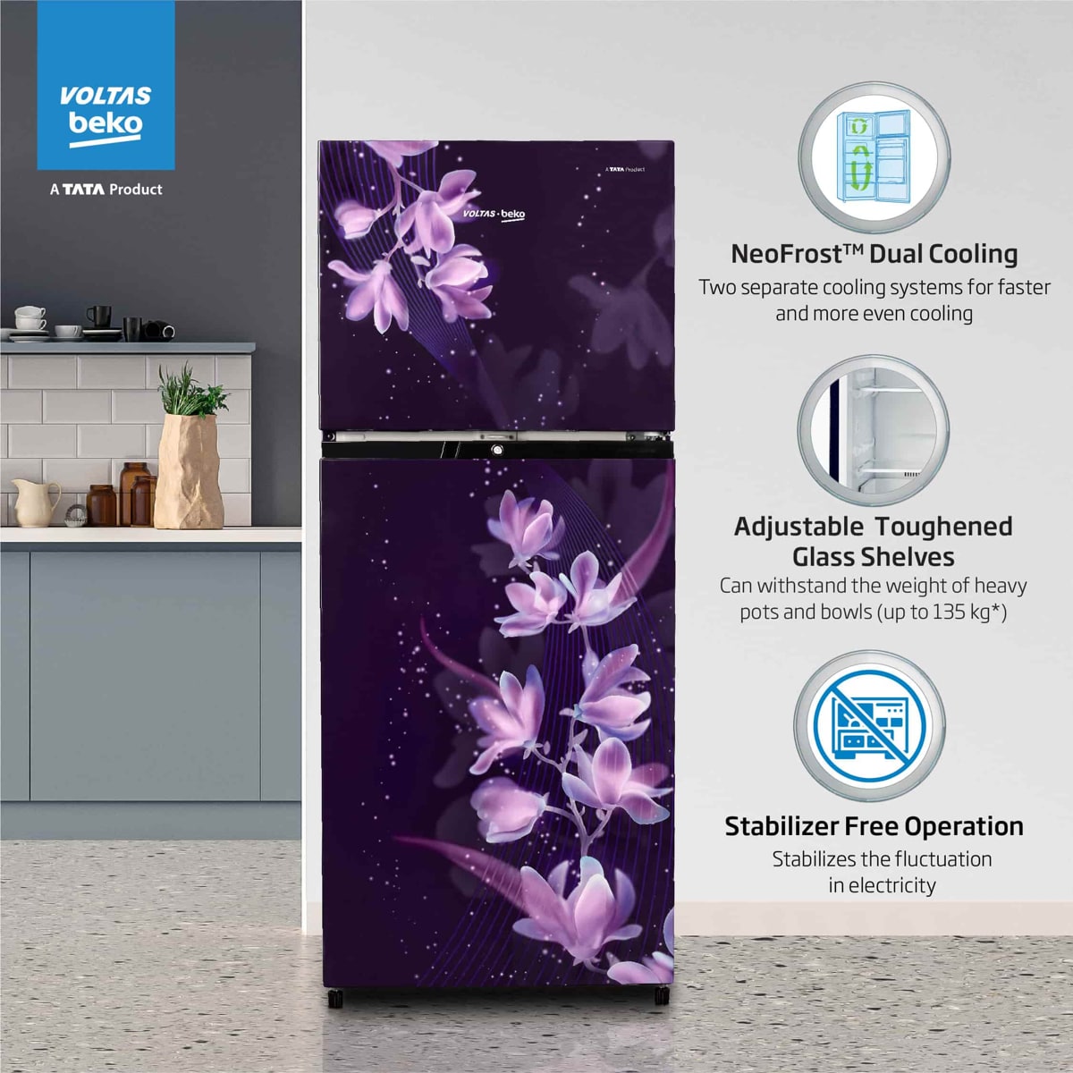 Voltas Beko RFF270C/WPNPR0I0000GD 230 L, 3 Star, Double Door Frost Free Refrigerator (Nightangle Purple)