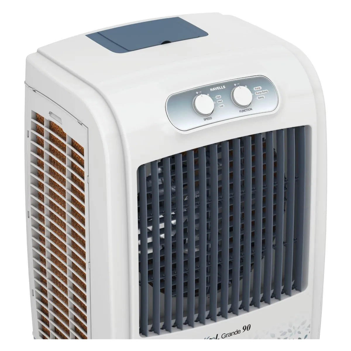 Havells KoolGrande GHRACCE090 90L Desert Air Cooler | 3-Side Honeycomb Pads with Bacteria Shield, Ice Chamber, Bed Height Fan, Inverter Compatible | White & Grey