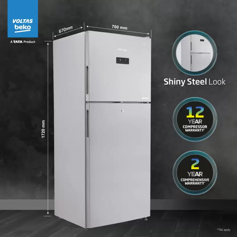 Voltas Beko RFF4653XPCF 432 L Frost Free Double Door Top Mount 2 Star Refrigerator (PET INOX)