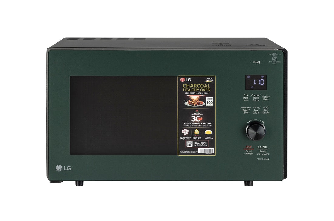 LG 28 L Convention Microwave Oven with Air Fry, Charcoal Lighting Heater™, 331 Auto Cook Menu Powered by ThinQ, Black with Objet Green Front Glass — MJEN286UJWF — product view