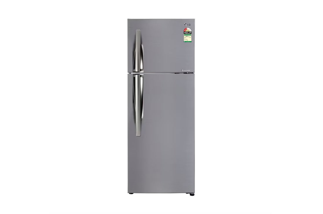 LG 291L Double Door Refrigerator, Smart Inverter Compressor, Base Stand Drawer, Shiny Steel Finish, 2 Star — GL-C322KPZY — product view