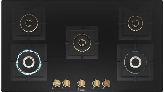 Bosch PNV9B6F20I 90cm Built-in Gas Hob | 5 Brass Burners | Auto Ignition | Tempered Glass | Flame Failure Safety | Cast Iron Support