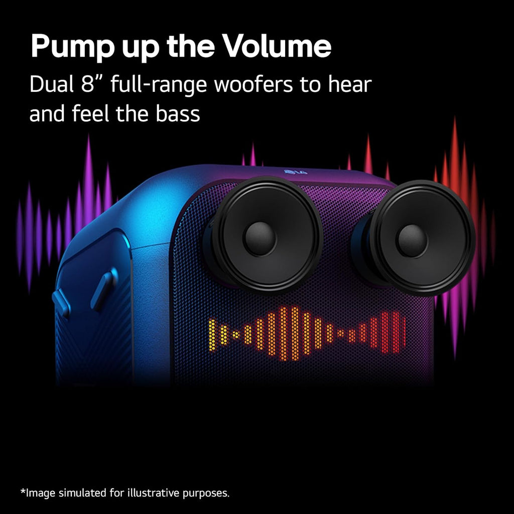 LG XL9T XBOOM 2.0 Ch Portable Bluetooth Party Speaker with Dual 8” Woofers, Pixel LED Lights, DJ & Guitar Input, IPX4 Water Resistance – Black