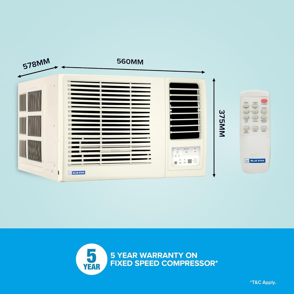 Blue Star WFE309L 0.8 Ton 3 Star Fixed Speed Window AC (Copper, Turbo Cool, Fan Modes-Auto/High/Medium/Low, Hydrophilic Blue Fins, Dust Filters, Self-Diagnosis, White)