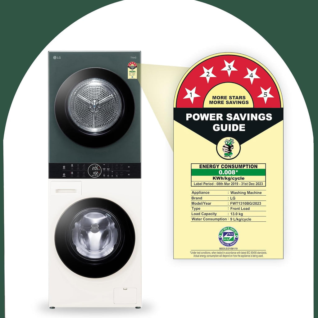 LG FWT1310BG WashTower 13 Kg/10 Kg Washer Dryer Combo | AI Direct Drive, Dual Inverter Heat Pump, Wi-Fi Enabled, Steam+, Central Control Panel | Natural Beige & Green