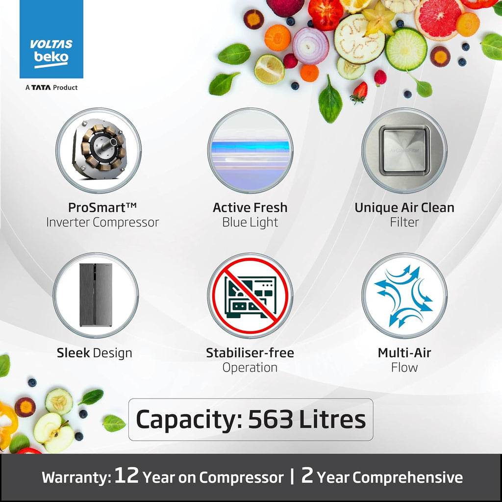 Voltas Beko RSB585/FPV300RXID 563 L Inverter Frost Free Side-by-Side Refrigerator (Inox, 2024 Model) with ProSmart Compressor, Active Fresh Blue Light & Multi Airflow – Made in India