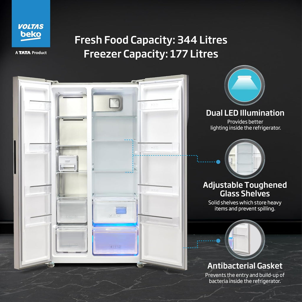 Voltas Beko RSB585/FPV300RXID 563 L Inverter Frost Free Side-by-Side Refrigerator (Inox, 2024 Model) with ProSmart Compressor, Active Fresh Blue Light & Multi Airflow – Made in India