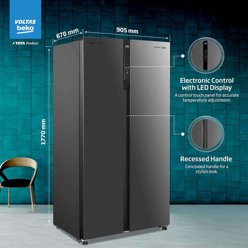Voltas Beko RSB585/FPV300RXID 563 L Inverter Frost Free Side-by-Side Refrigerator (Inox, 2024 Model) with ProSmart Compressor, Active Fresh Blue Light & Multi Airflow – Made in India
