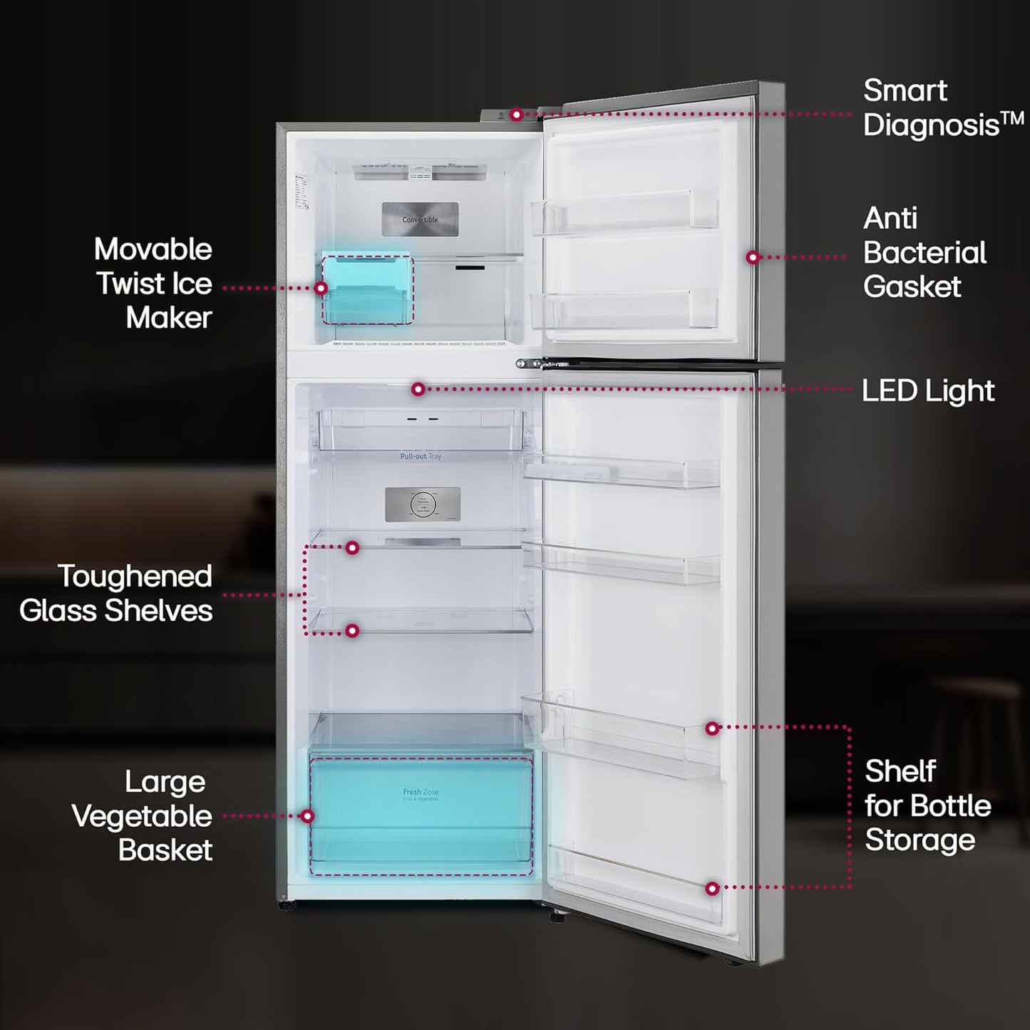 LG GL-S342SPZY 322L 2 Star Frost-Free Double Door Refrigerator | Convertible | Smart Inverter Compressor | Multi Air Flow | Shiny Steel