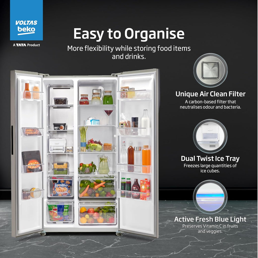 Voltas Beko RSB585/FPV300RXID 563 L Inverter Frost Free Side-by-Side Refrigerator (Inox, 2024 Model) with ProSmart Compressor, Active Fresh Blue Light & Multi Airflow – Made in India
