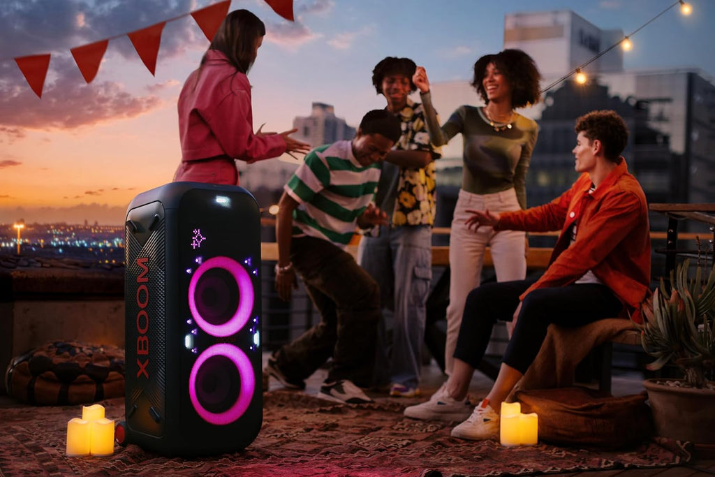 LG XL9T XBOOM 2.0 Ch Portable Bluetooth Party Speaker with Dual 8” Woofers, Pixel LED Lights, DJ & Guitar Input, IPX4 Water Resistance – Black