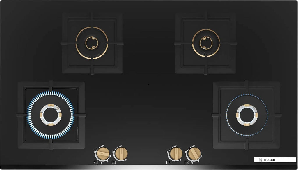 Bosch PNF9B6G20I Built in Gas Hob Black Tempered glass Glass 4 Burner Auto Ignition 90 cm Full Brass 3D Ring Burners with Matt Black Heat Shields & Cast Iron pan supports
