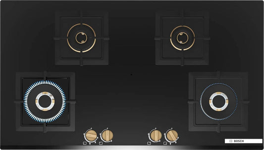 Bosch PNF9B6G20I Built in Gas Hob Black Tempered glass Glass 4 Burner Auto Ignition 90 cm Full Brass 3D Ring Burners with Matt Black Heat Shields & Cast Iron pan supports