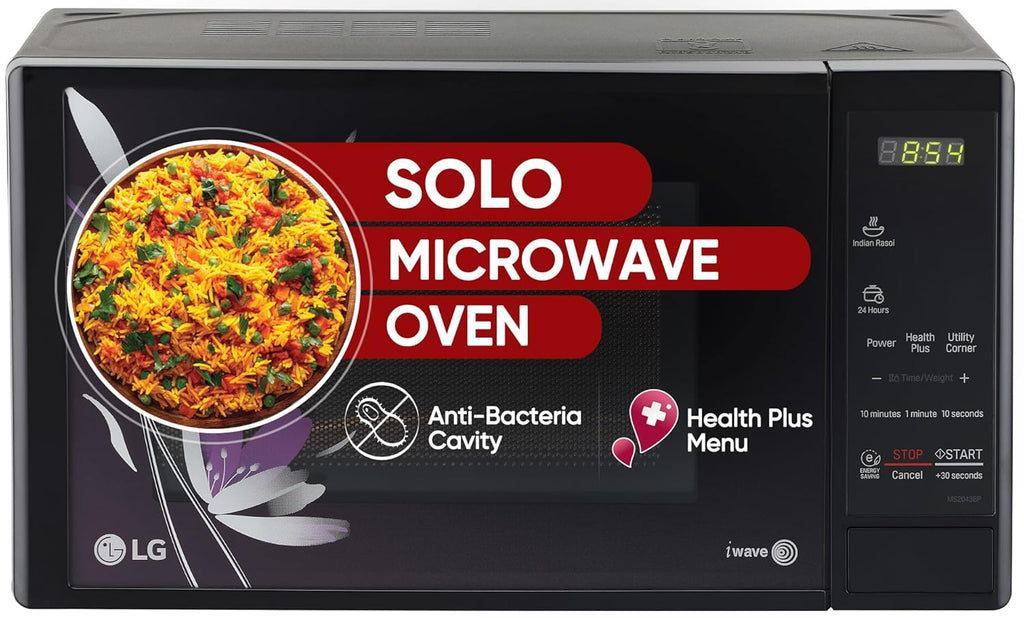 LG MS2043BP 20L Solo Microwave Oven (Black, Polished Finish) with i-Wave Technology, Anti-Bacterial Cavity, 44 Auto Cook Menus & Child Lock – Ideal for Reheating, Defrosting & Healthy Cooking