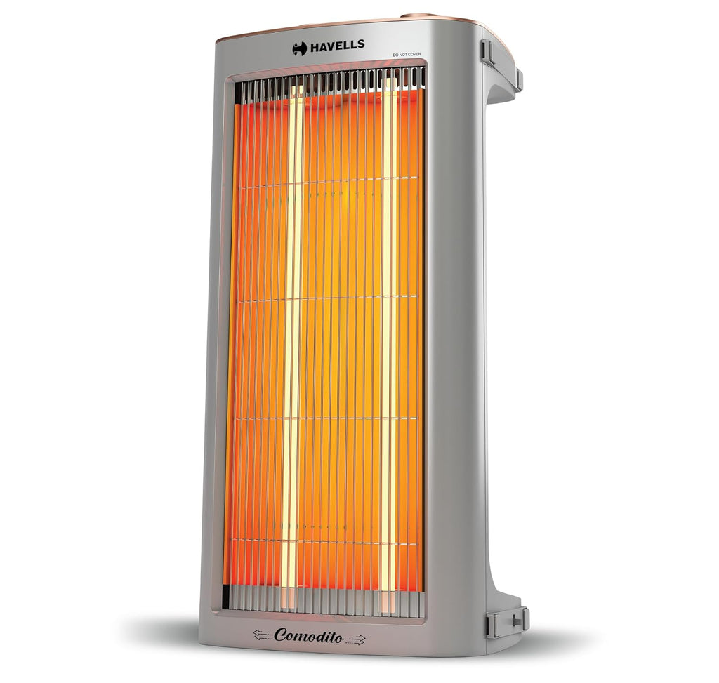 Havells Comodito 900 Watt Room Heater | Safety Grill, 120 Minute Sleep Timer Control knob | Rust Free Stainless Steal Reflector, Carbon Fiber Rods, Power Off & Heat Setting | (Pack of 1, Grey) GHRGHCHE090