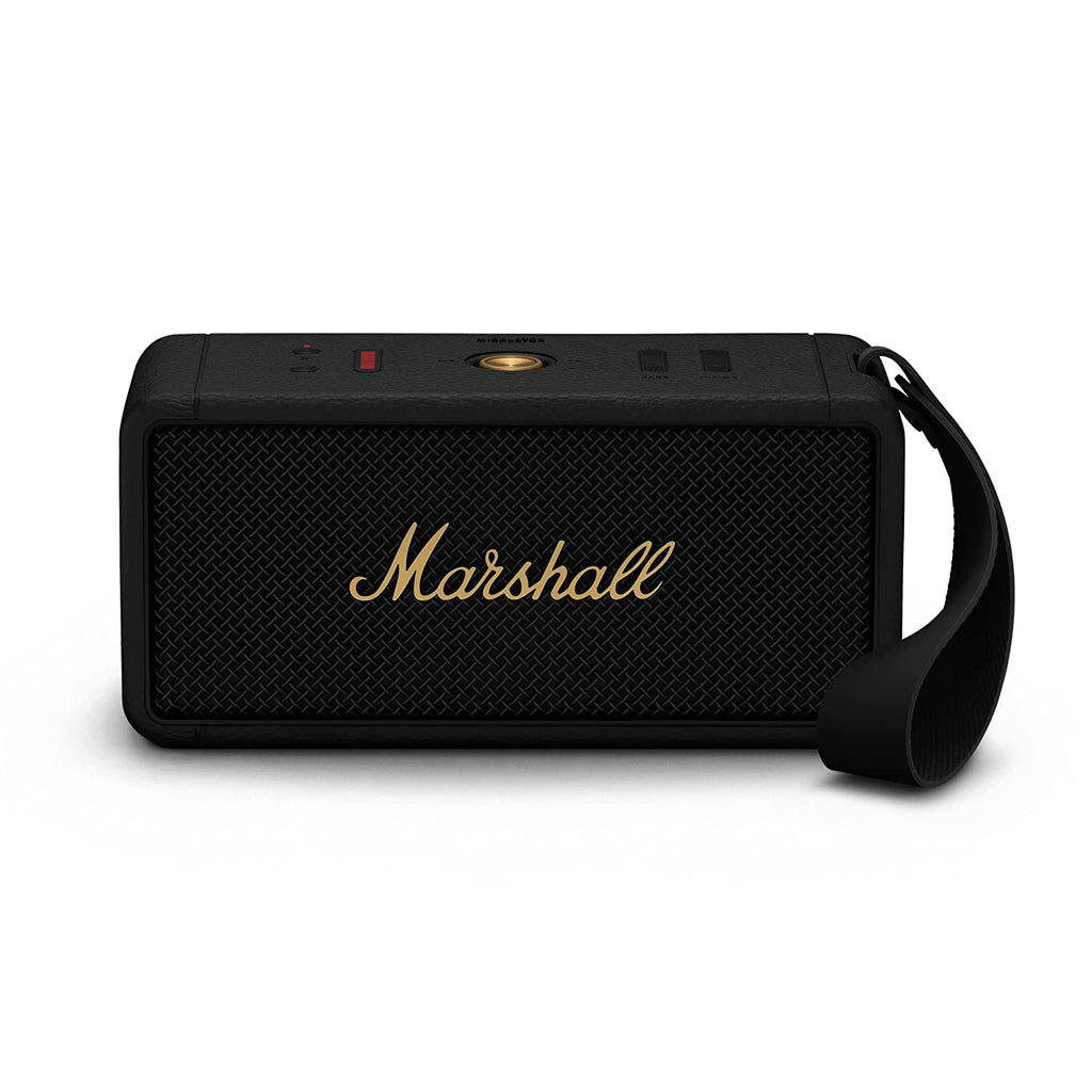 Marshall Middleton 60W Portable Bluetooth Speaker (Black & Brass) with 20+ Hours Playtime, True Stereophonic Sound, IP67 Waterproof, Stack Mode – Wireless
