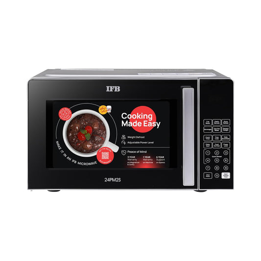 IFB 24L Solo Microwave Oven with 69 Auto Cook Menus (24PM2S, Silver, Mug Recipes, Steam Clean, Auto Reheat, Preset Timer, Power Save, Child Safety Lock, 10 Power Levels)