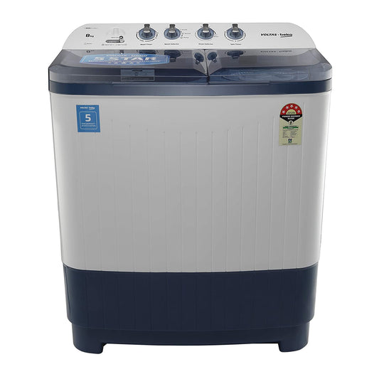 Voltas Beko WTT80DBLT 8 Kg Semi-Automatic Top Load Washing Machine | Double Waterfall | Soft Close Lid | Dual Cassette Filter | 1300 RPM Fast Dry | Sky Blue | Suraj Electronics