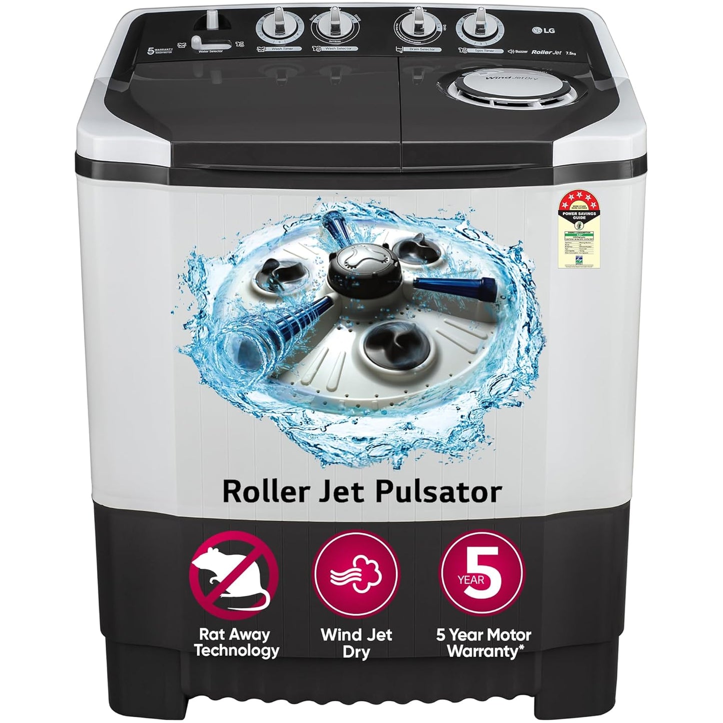 LG P7510RGAZ 7.5 kg 5 Star Semi-Automatic Washing Machine | Wind Jet Dry | Roller Jet Pulsator | Suraj Electronics Delhi NCR