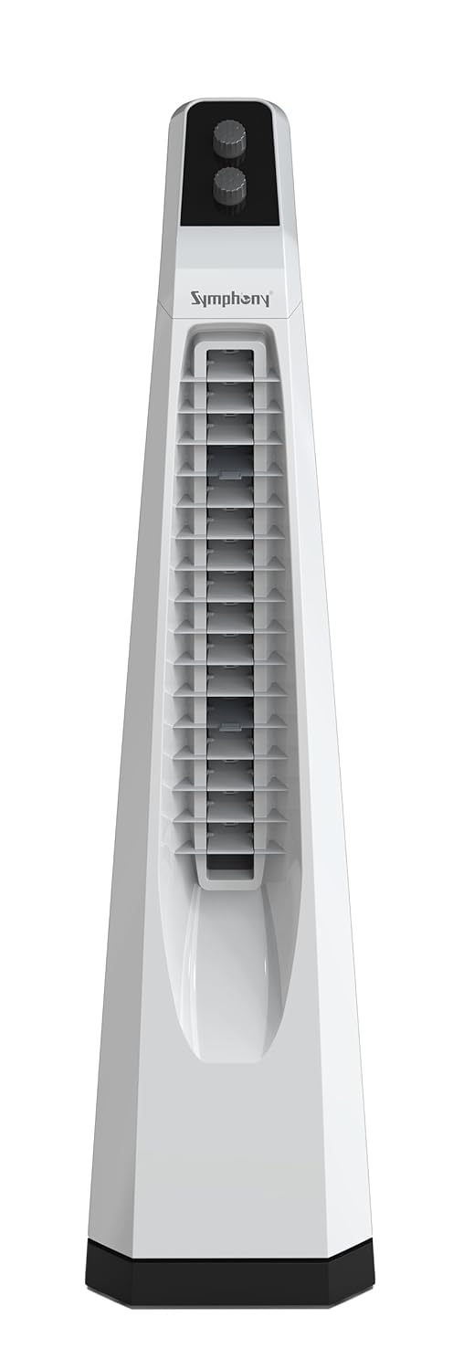 Symphony Surround JR Bladeless Tower Fan for Room | Quiet Personal Fan for Home & Office with 90° Oscillation & Turbo Throw | Knob Control | 1 Year Warranty | White