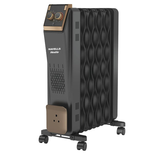 Havells GHROFCJK240 9 Fin Hestio Wave Fin OFR (Oil Filled Radiator)|Room Heater|2400 W|3 Heat Settings & PTC Fan Heater|Inclined Control Panel|Retractable Wheels| Comfortable Breathing|360° Heating (Black)