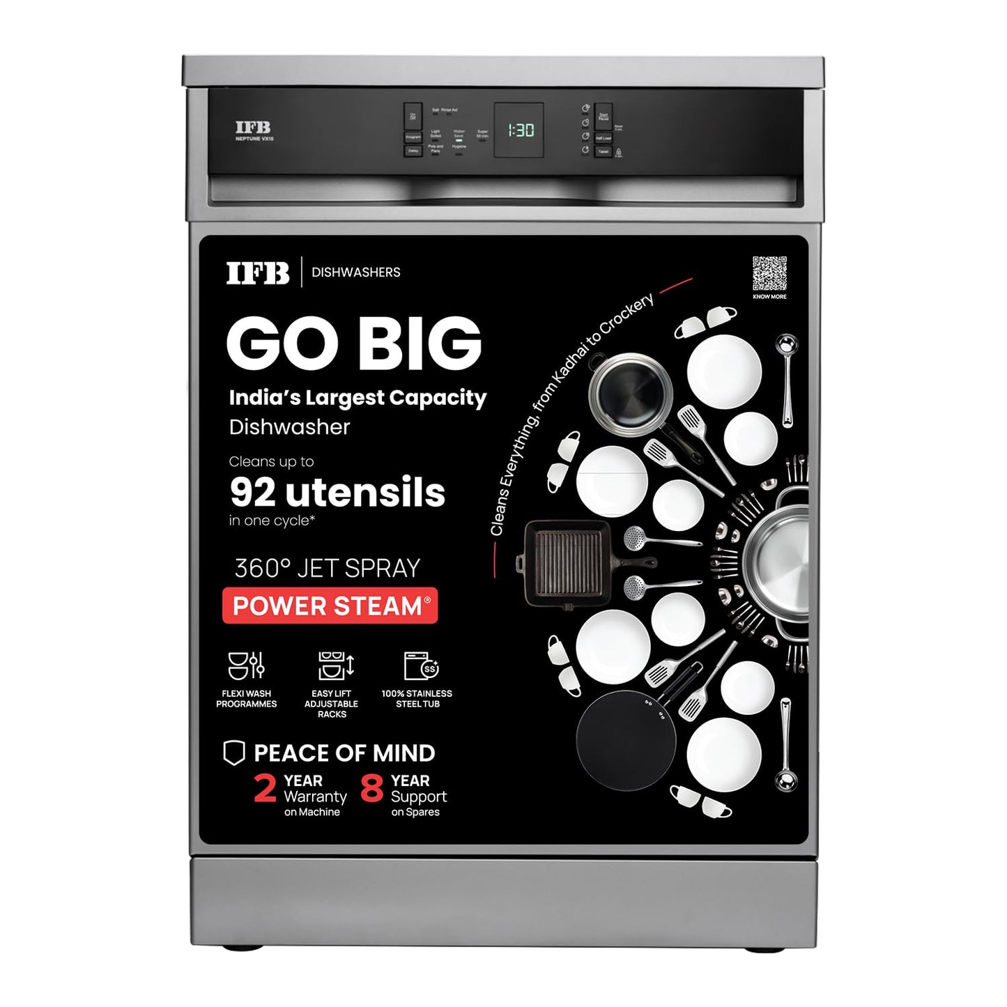 IFB Neptune VX15 15 Place Settings Dishwasher | DeepClean® Technology | 70°C Hot Wash & Steam Dry | Freestanding | Perfect for Indian Utensils – Dark Silver