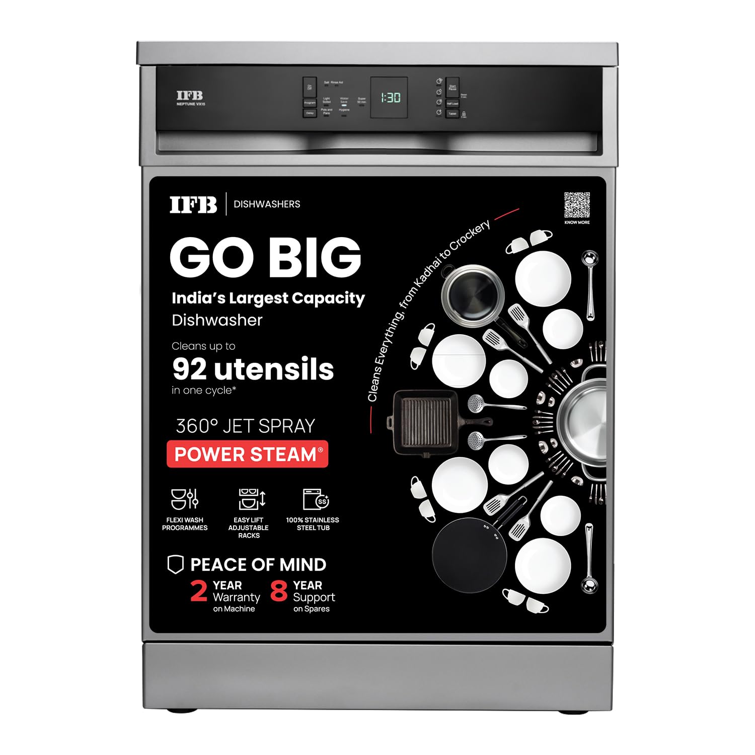 IFB Neptune VX15 15 Place Settings Dishwasher | DeepClean® Technology | 70°C Hot Wash & Steam Dry | Freestanding | Perfect for Indian Utensils – Dark Silver
