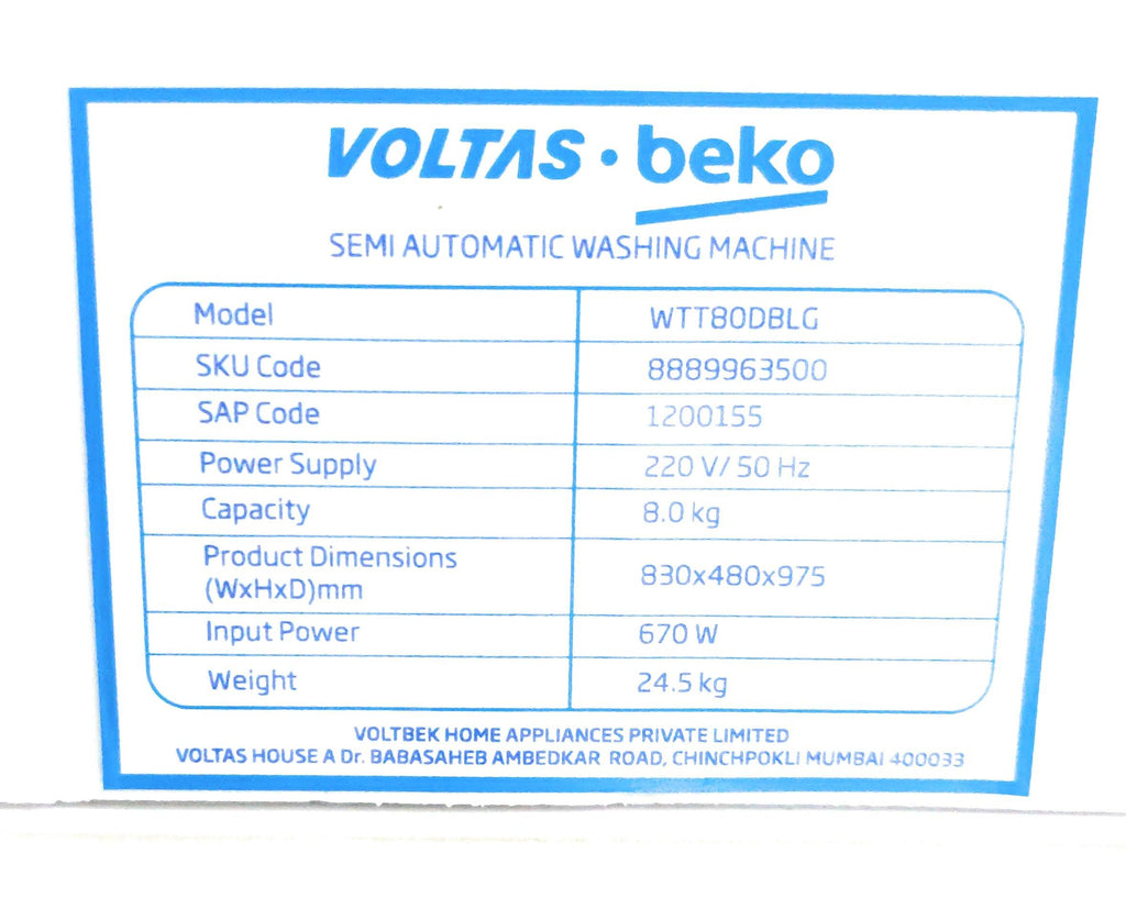 Voltas Beko WTT80DBLG  Semi Automatic Washing Machine Beko BLUE 8.0 Kg