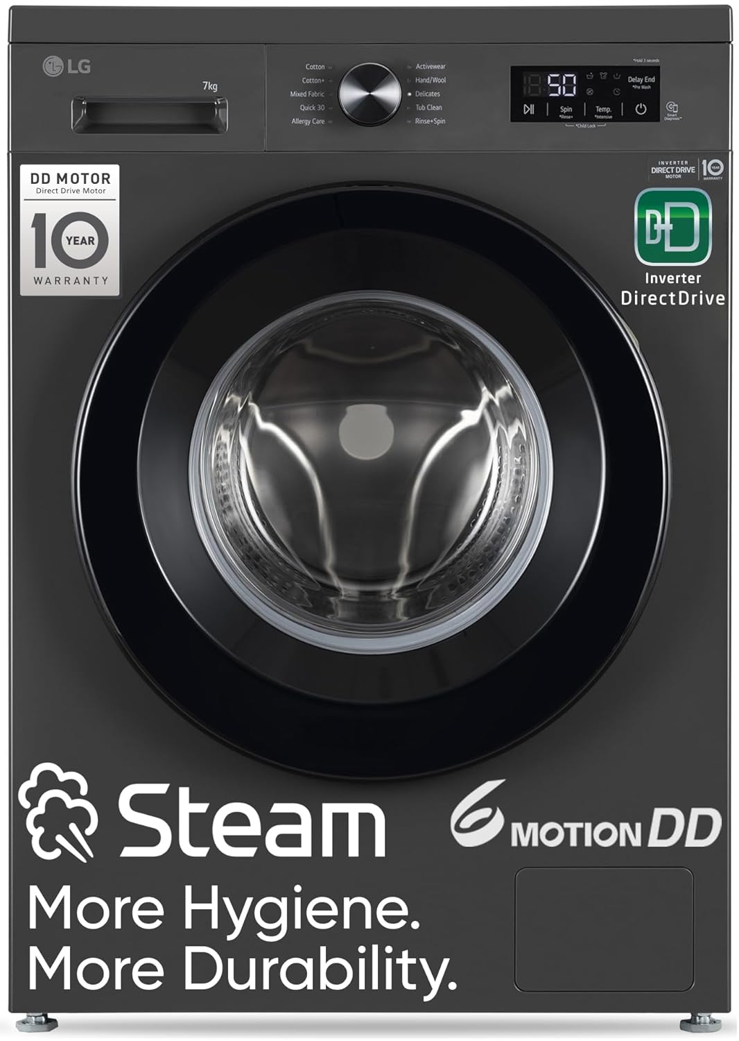 LG FHB1207Z2M 7 Kg 5 Star Front Load Washing Machine (Direct Drive, Steam Wash, In-Built Heater, Middle Black)