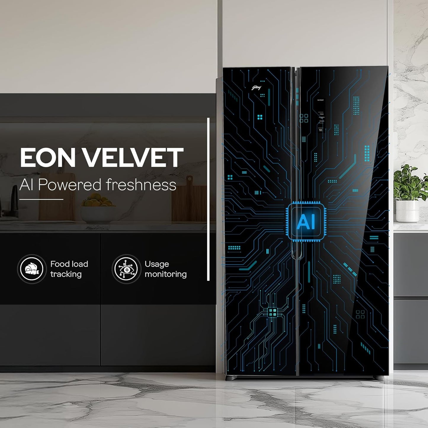 Godrej RS EONVELVET 646C 600L 3 Star Inverter Side-by-Side Refrigerator | Smart Convertible Zones | Toughened Glass Door | AI Freshness | Frost Free | Opera Black (2025 Model)