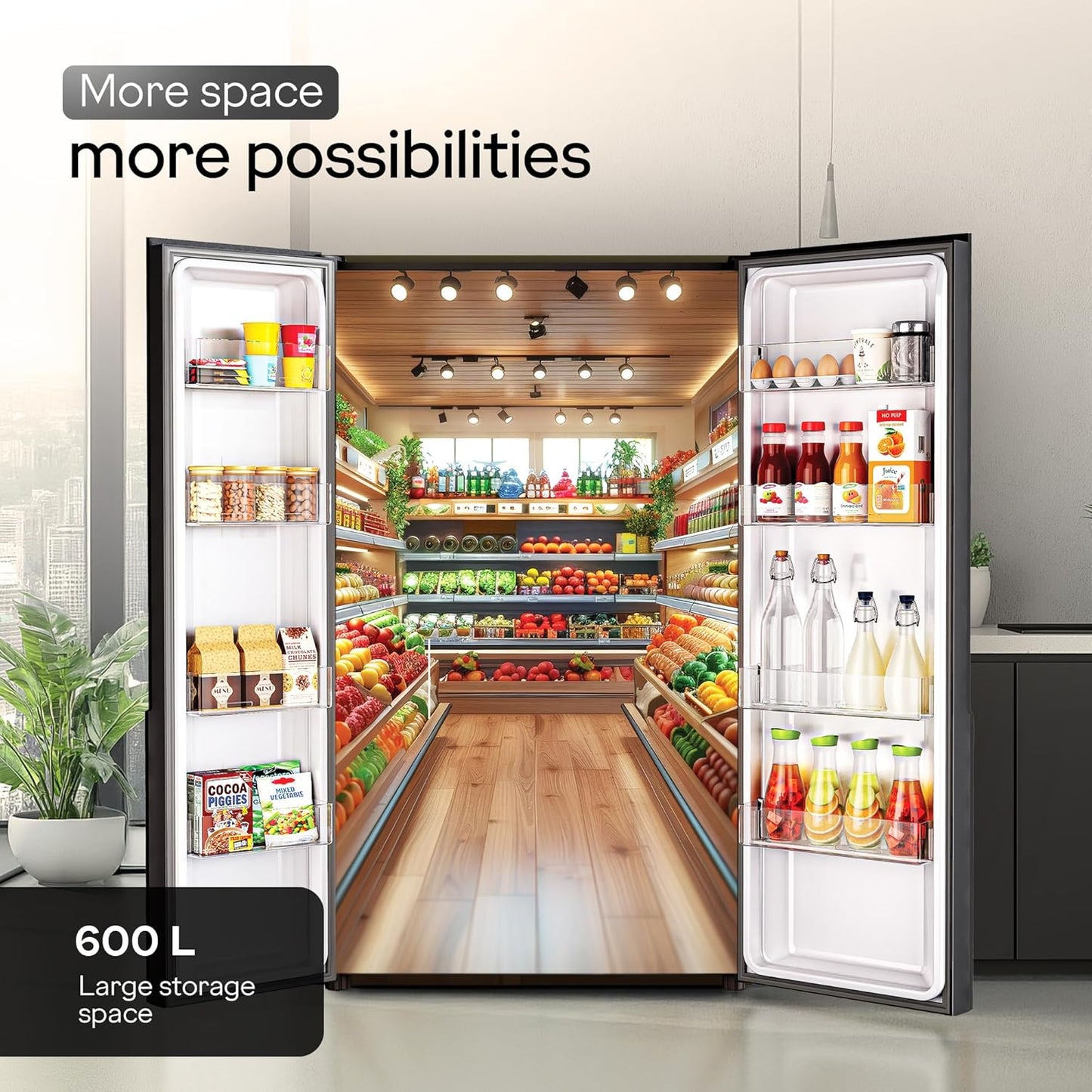 Godrej RS EONVELVET 646C 600L 3 Star Inverter Side-by-Side Refrigerator | Smart Convertible Zones | Toughened Glass Door | AI Freshness | Frost Free | Opera Black (2025 Model)