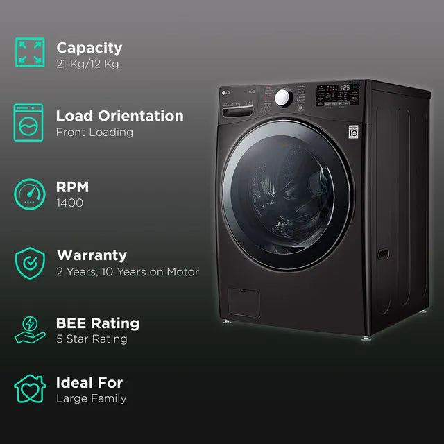 LG FHD2112STB 21/12 Kg 5 Star Inverter Front Load Washer Dryer with Steam, TurboWash & Wi-Fi – Black VCM