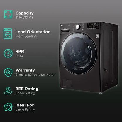 LG FHD2112STB 21/12 Kg 5 Star Inverter Front Load Washer Dryer with Steam, TurboWash & Wi-Fi – Black VCM