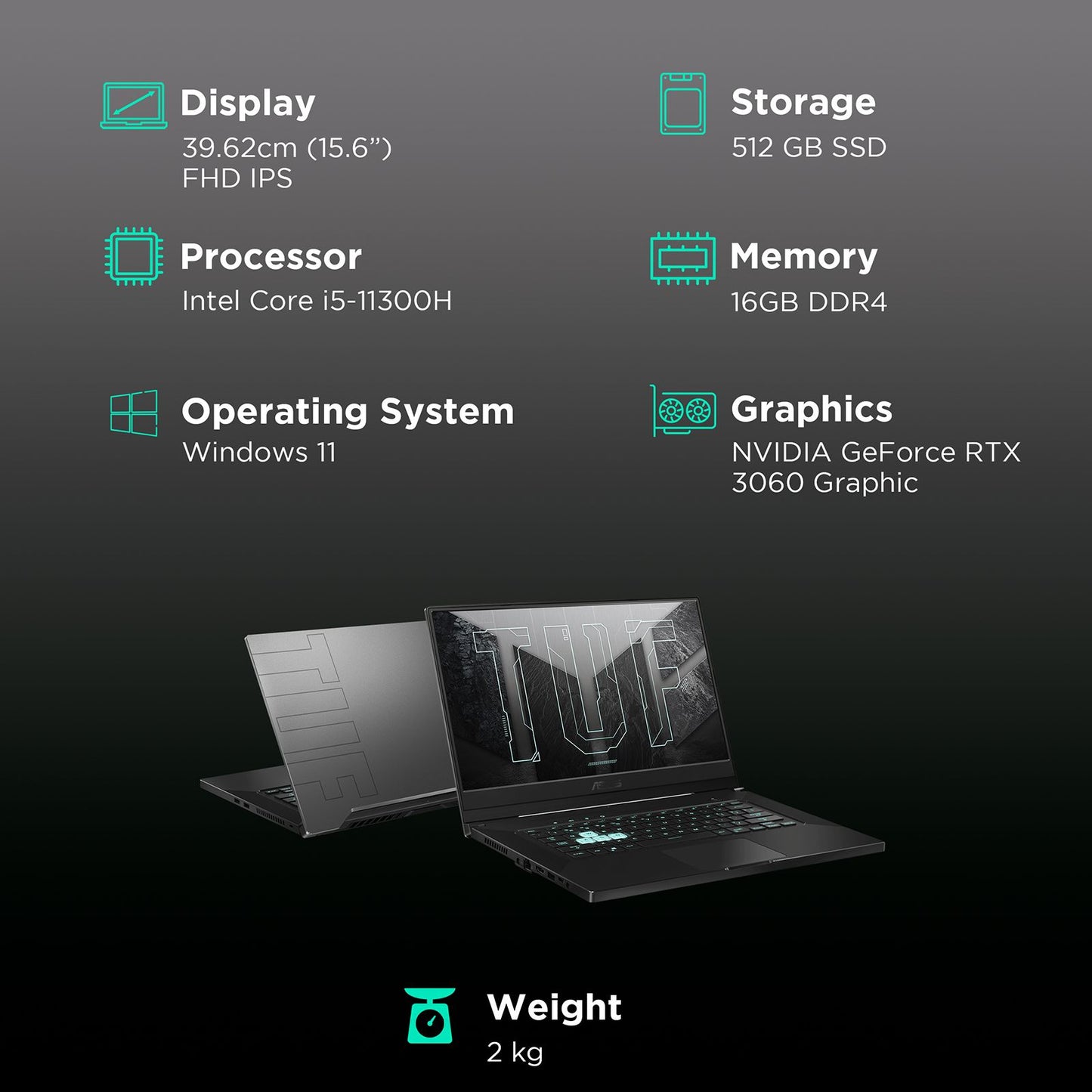 ASUS TUF Dash F15 Intel Core i5 11th Gen (15.6 inch, 16GB, 512GB, Windows 11, MS Office 2019, NVIDIA GeForce RTX 3060 Graphics, FHD IPS Display, Eclipse Grey, FX516PMZ-HN183WS)