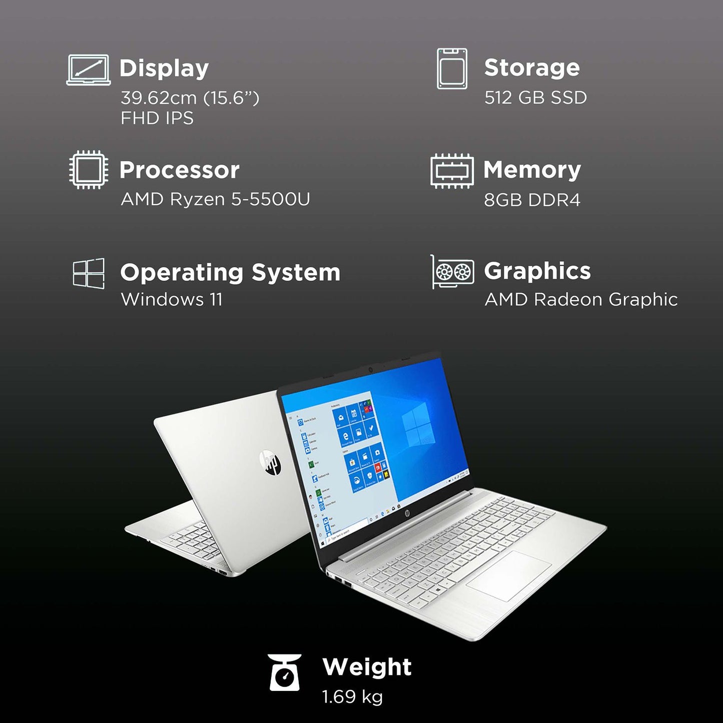 HP 15s-eq2144AU AMD Ryzen 5 (15.6 inch, 8GB, 512GB, Windows 11, MS Office 2019, AMD Radeon Graphics, FHD Display, Natural Silver, 50M63PA)