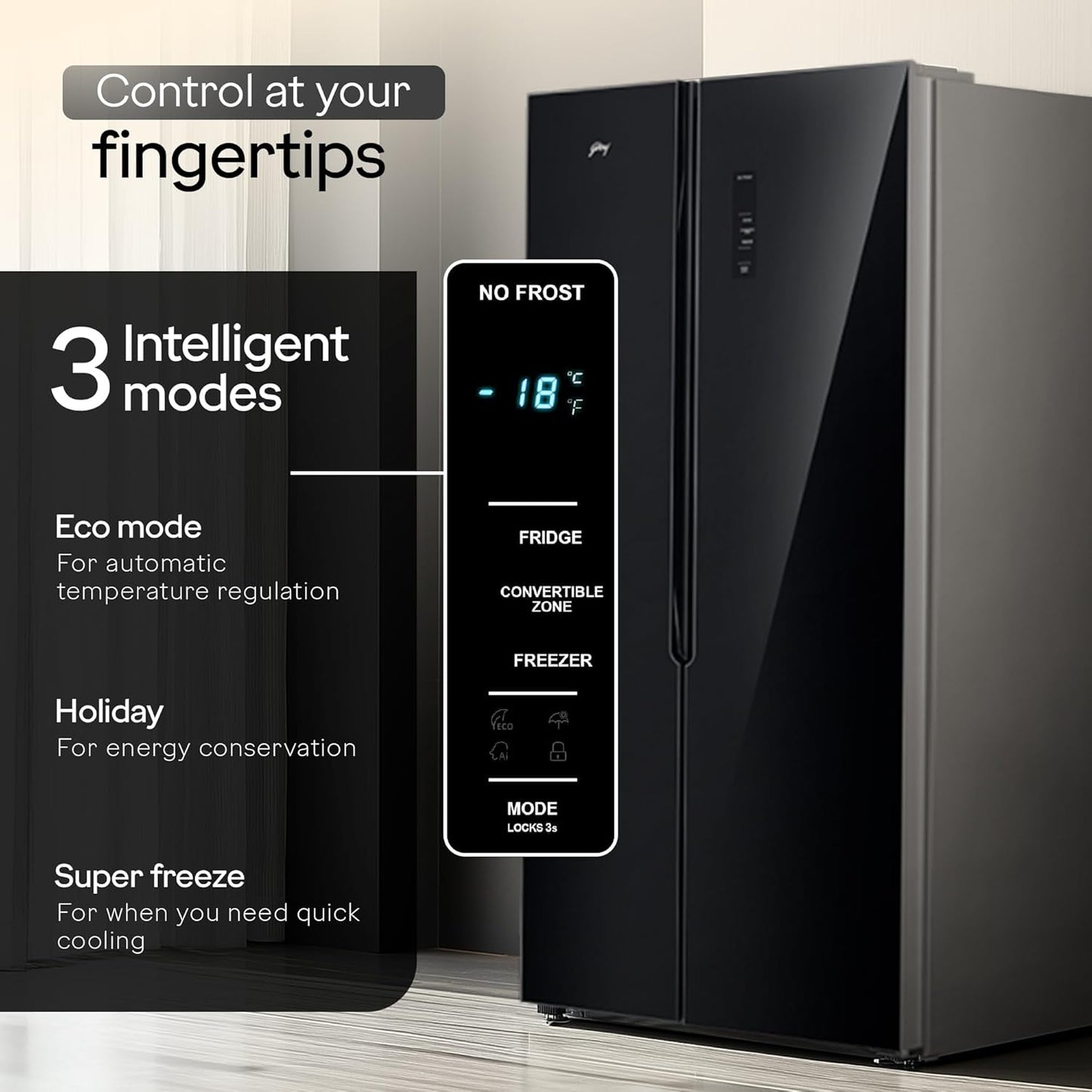 Godrej RS EONVELVET 646C 600L 3 Star Inverter Side-by-Side Refrigerator | Smart Convertible Zones | Toughened Glass Door | AI Freshness | Frost Free | Opera Black (2025 Model)