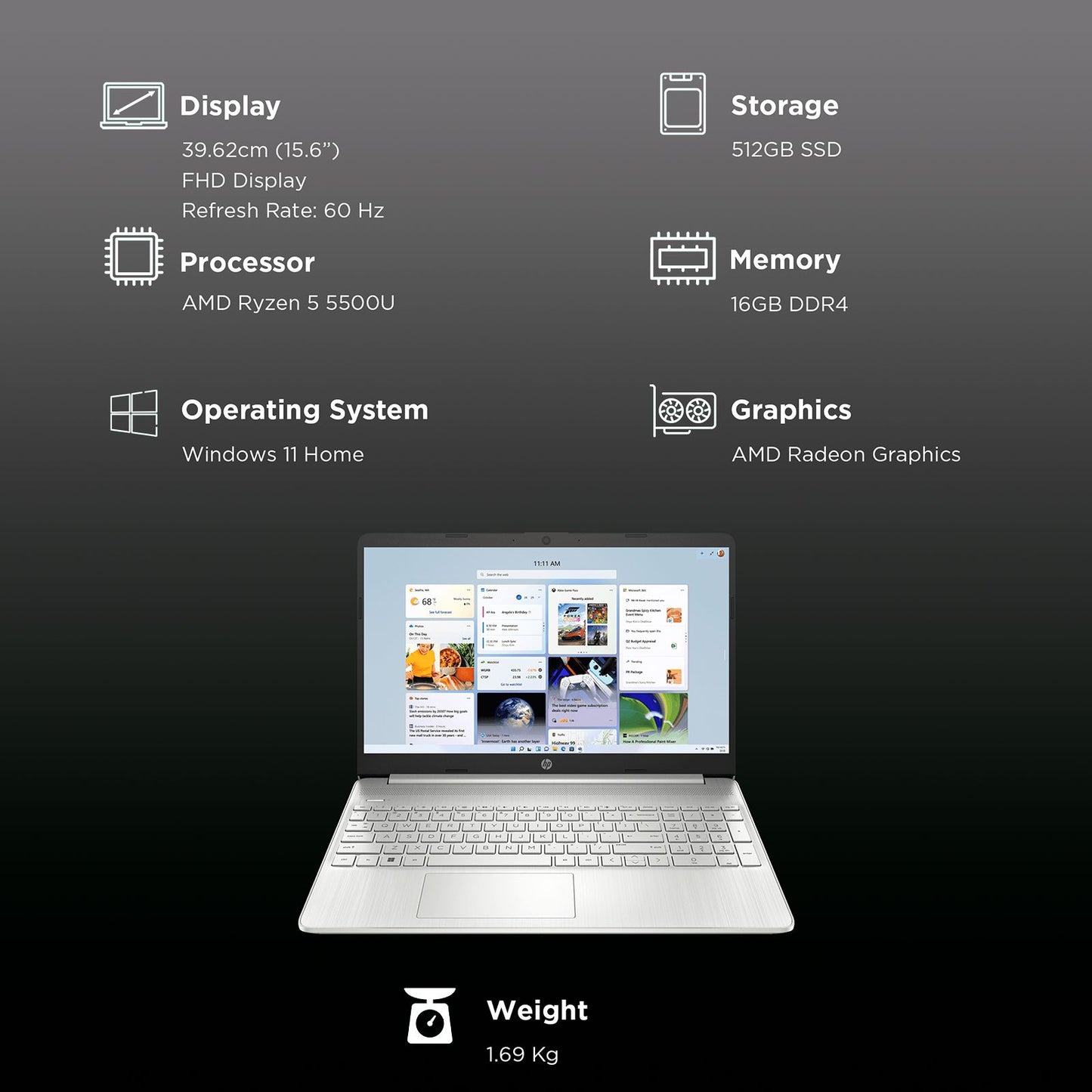 HP 15s-eq2182AU AMD Ryzen 5 Laptop (16GB, 512GB SSD, Windows 11 Home, 15.6 inch Full HD Display, MS Office Home & Student 2021, Natural Silver, 1.69 KG)