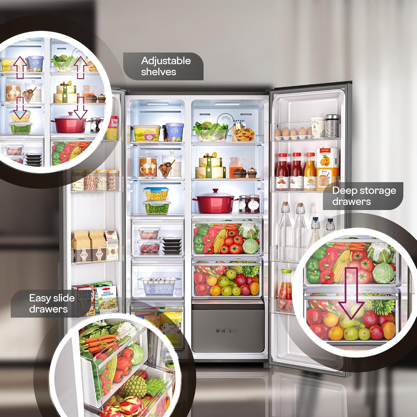 Godrej RS EONVELVET 646C 600L 3 Star Inverter Side-by-Side Refrigerator | Smart Convertible Zones | Toughened Glass Door | AI Freshness | Frost Free | Opera Black (2025 Model)