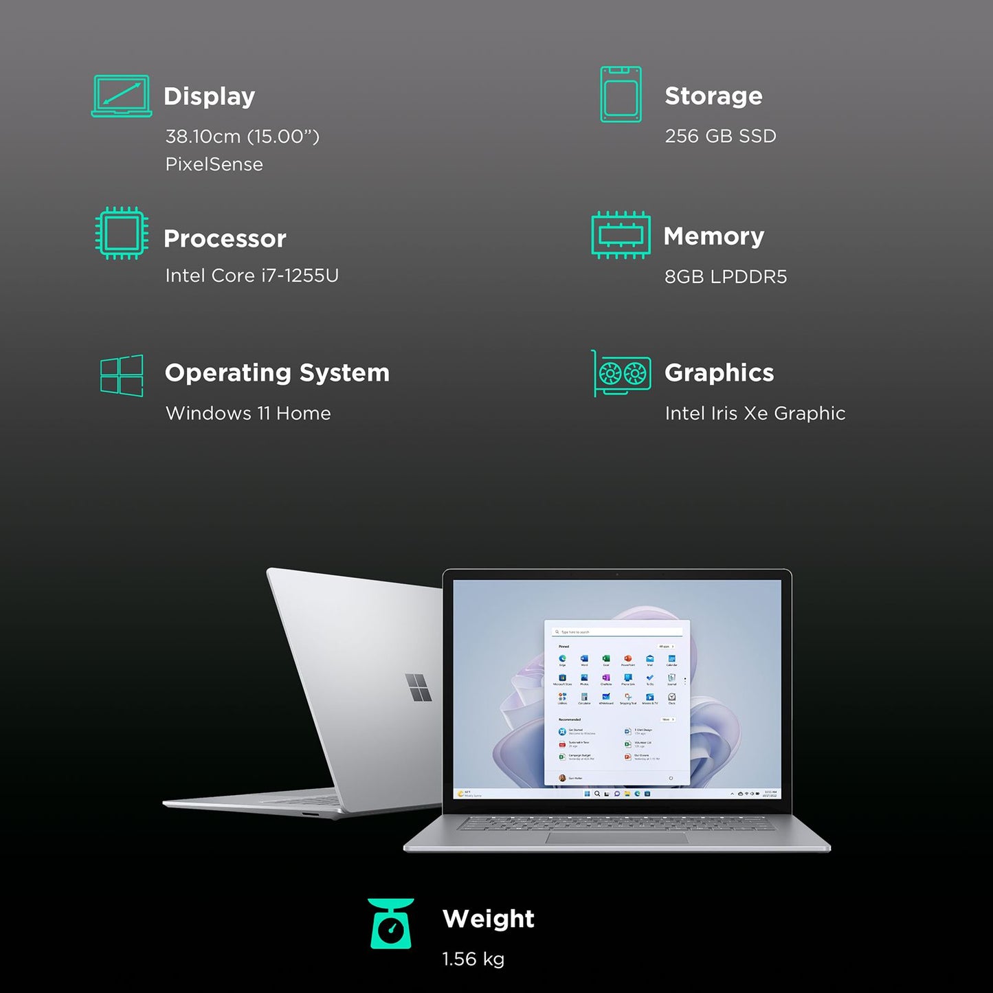 Microsoft Surface Laptop 5 Intel Core i7 12th Gen (15 inch, 8GB, 256GB, Windows 11, Intel Iris Xe Graphics, PixelSense Display, Platinum, RBY-00023)