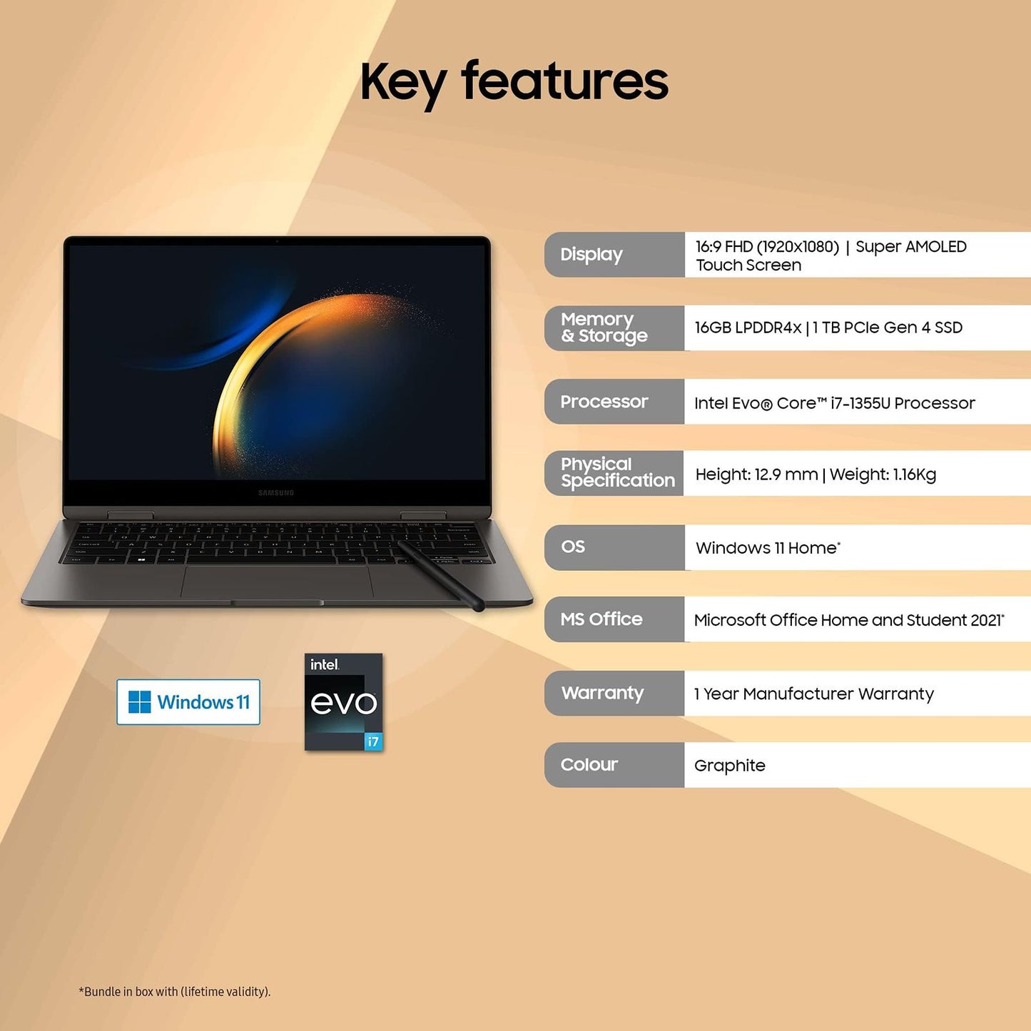 SAMSUNG Galaxy Book3 360 Intel Evo Core i7 13th Gen (13.3 inch, 16GB, 1TB, Windows 11 Home, MS Office 2021, Intel Iris Xe, FHD Super AMOLED Display, Graphite, NP730QFG-KA3IN)