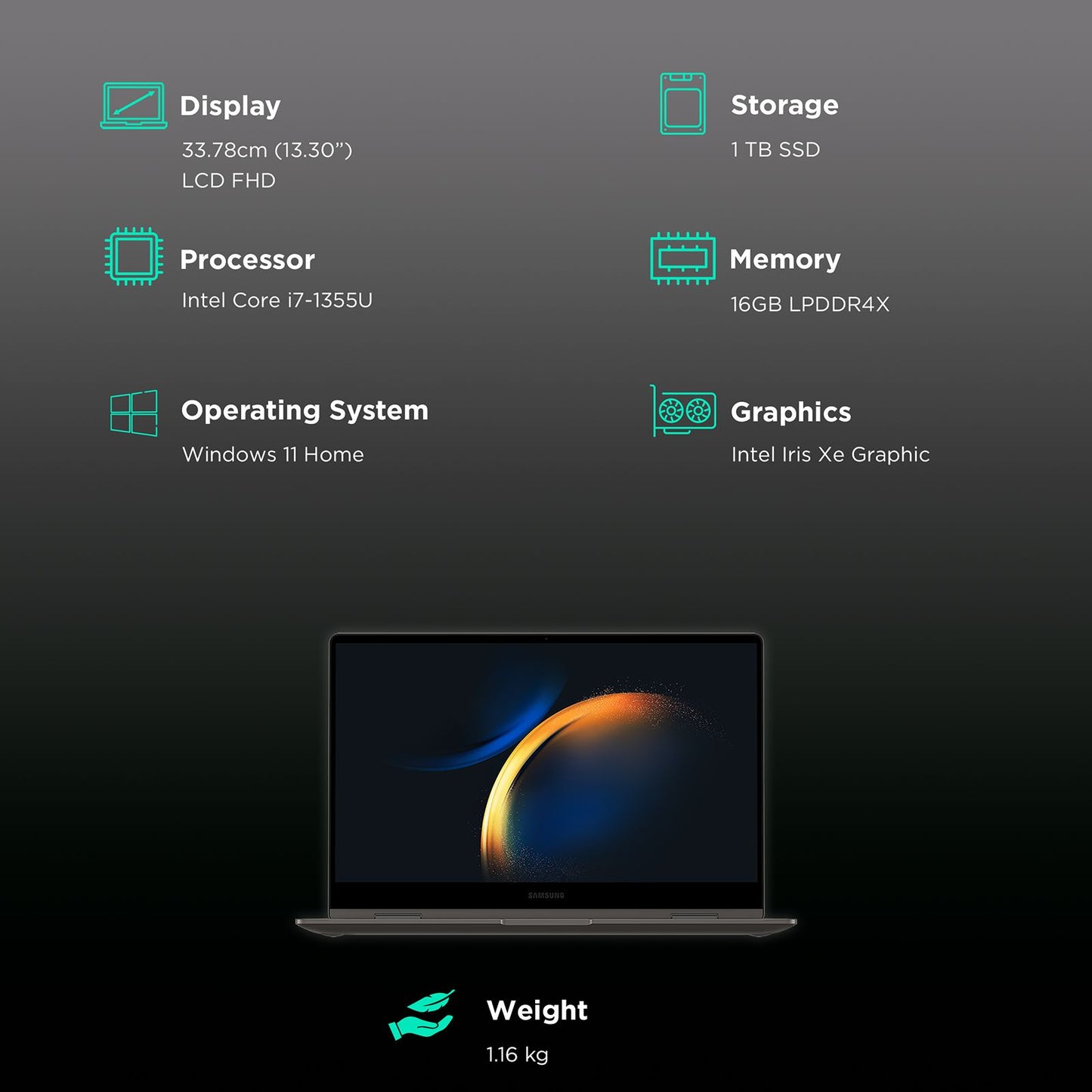 SAMSUNG Galaxy Book3 360 Intel Evo Core i7 13th Gen (13.3 inch, 16GB, 1TB, Windows 11 Home, MS Office 2021, Intel Iris Xe, FHD Super AMOLED Display, Graphite, NP730QFG-KA3IN)