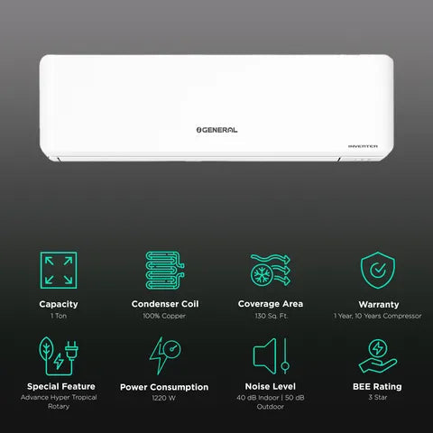 O General ASGG12CPAB-B 1 Ton 3 Star Inverter Split AC | Copper Condenser | R32 Refrigerant | Free Installation | 5-Year ODU PCB Warranty | Delhi NCR only