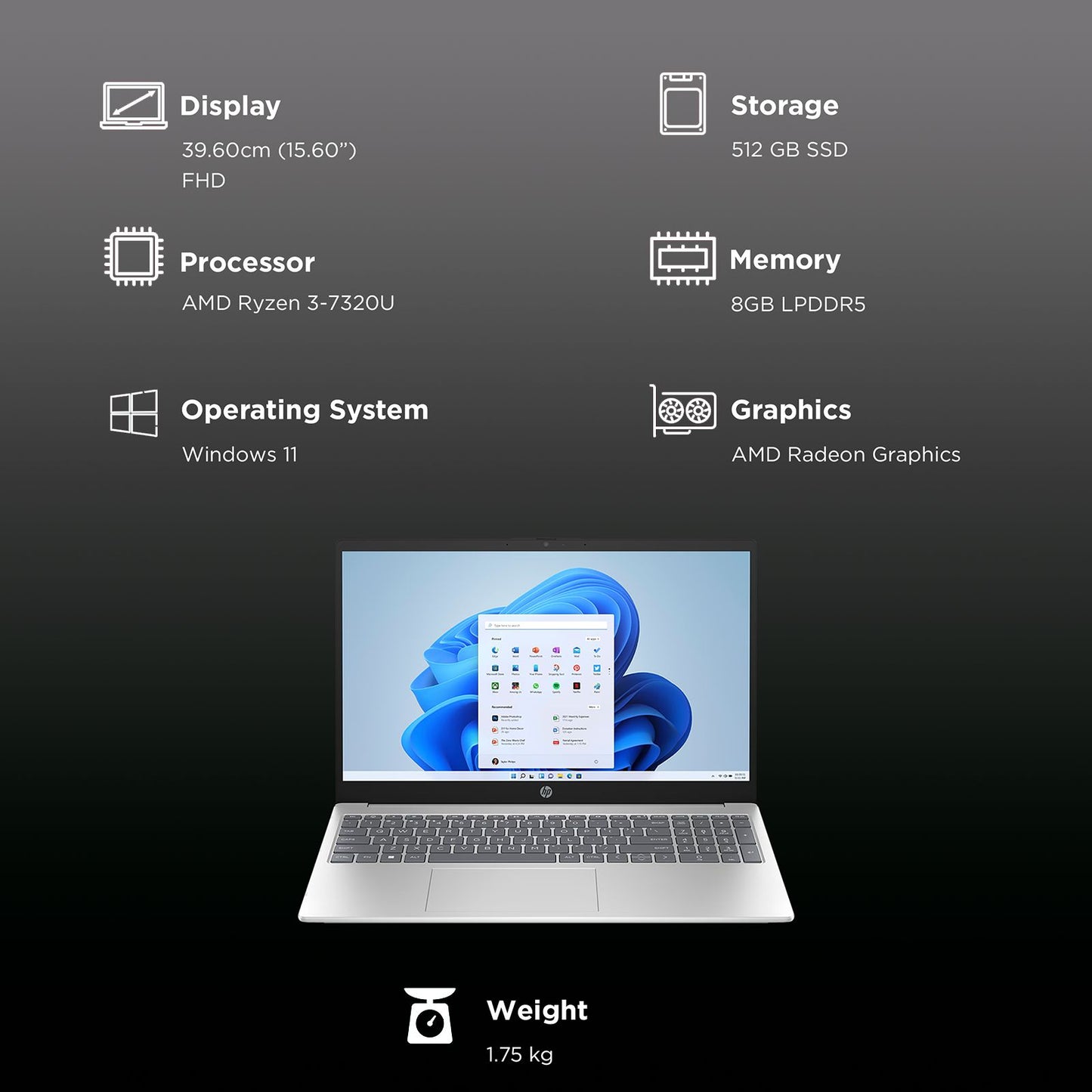 HP 15-fc0026AU AMD Ryen 3 Thin and Light Laptop (8GB, 512GB SSD, Windows 11 Home, 15.6 inch FHD Display, MS Office 2021, Natural Silver, 1.75 KG)